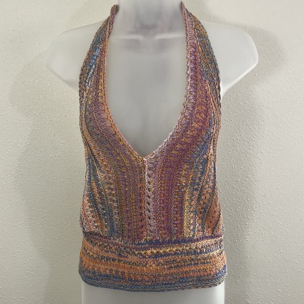 Multicolor Crochet Halter Top Womens Tie Neck Open Back Boho 70s Hippie